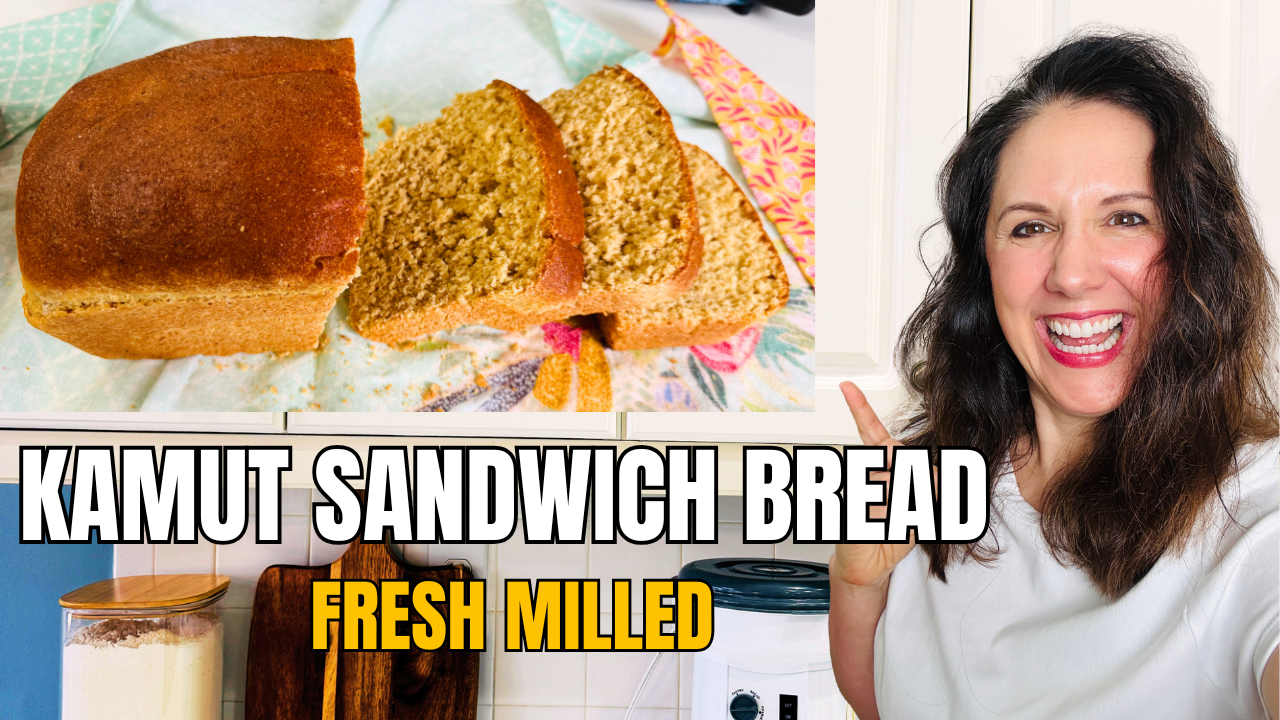 Freshly milled Kamut sandwich bread made with whole grains and baked at home